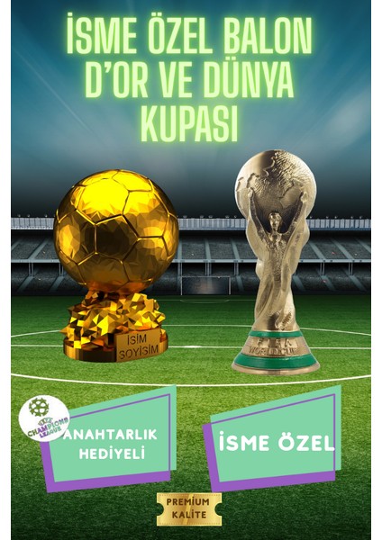 Dünya Kupası & Ballon D'or 3D Maket Seti (15 Cm) + Şampiyonlar Ligi Logolu Anahtarlık Hediye