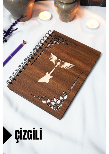 Gitar Ahşap Kapaklı Defter - Çizgili Defter - 60 Yaprak (120 Sayfa) - A5 15X21 cm