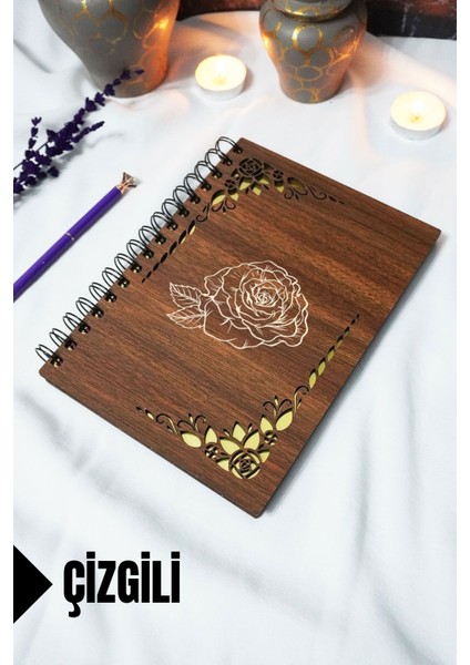 Gül Ahşap Kapaklı Spiralli Okul Defteri - Çizgili Defter - 60 Yaprak (120 Sayfa) - A5 15X21 cm