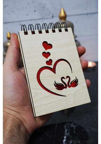 Kuğu Aşk Temalı Ahşap Kapaklı Not Defteri - Mini Defter - Cep Defteri - Benim Listem