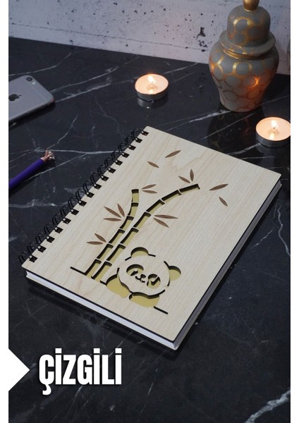 Panda Temalı Ahşap Kapaklı Defter - Çizgili Defter - Ajanda - Okul Defteri (A5 - 120 Sayfa)