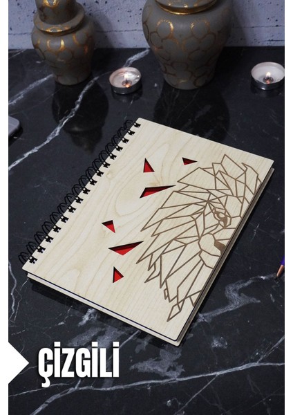 Aslan Temalı Ahşap Kapaklı Defter - Çizgili Defter - Ajanda - Okul Defteri (A5 - 120 Sayfa)