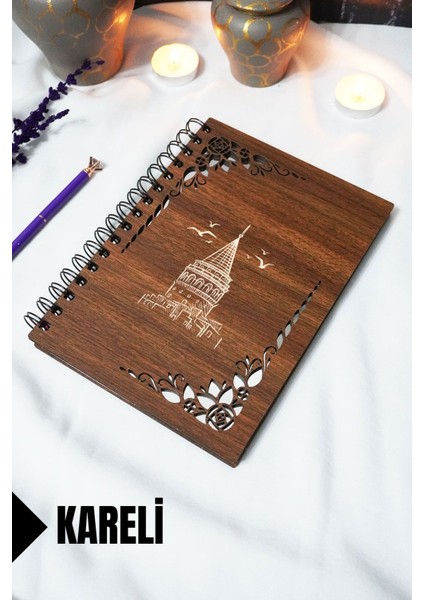 Galata Kulesi Ahşap Kapaklı Defter - Kareli Defter - 60 Yaprak (120 Sayfa) - A5 15X21 cm
