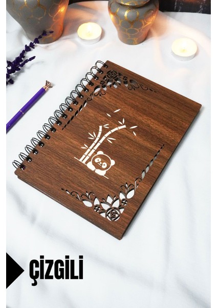 Panda Ahşap Kapaklı Defter - Çizgili Defter - 60 Yaprak (120 Sayfa) - A5 15X21 cm