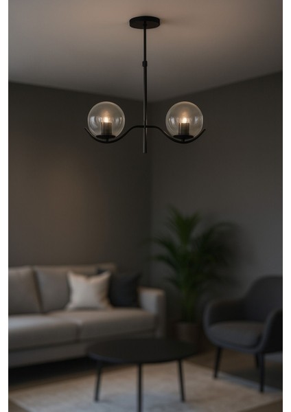Ranya 2 li Şeffaf Camlı Salon Oturma Odası Modern Avize - (Siyah)