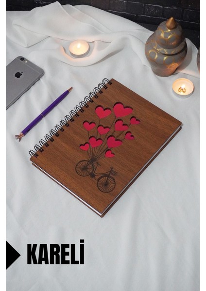 Bisiklet Balon Temalı Ahşap Kapaklı Defter - Kareli Defter - Ajanda - Okul Defteri (A5 - 120 Sayfa)