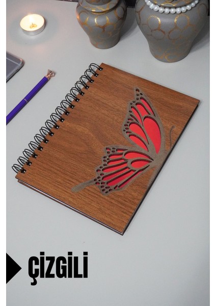 Kelebek Temalı Ahşap Kapaklı Defter - Çizgili Defter - Ajanda - Okul Defteri (A5 - 120 Sayfa)