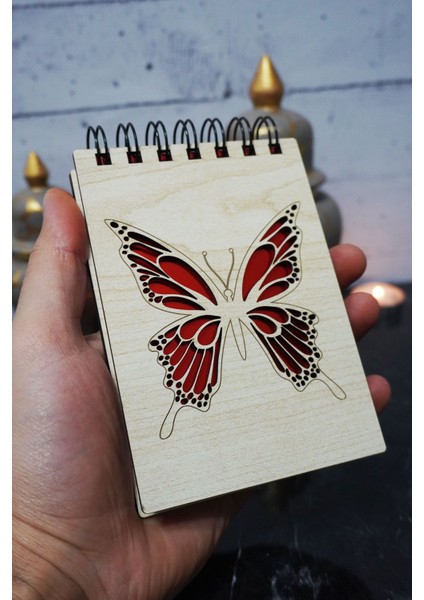Kelebek Figürlü Ahşap Kapaklı Not Defteri - Mini Defter - Cep Defteri - Benim Listem