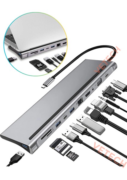 12IN1 Type-C Port Çoklayıcı MacBook Uyumlu Hdmı/ethernet/sd/usb 3.0/vga Çoklayıcı