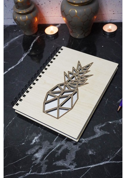 Ananas Desenli Ahşap Kapaklı Defter - Çizgisiz Defter - Günlük - Ajanda- A5 Anı Defteri modelleri