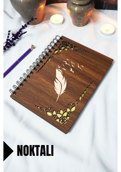 Kuş Tüyü Ahşap Kapaklı Spiralli Okul Defteri - Noktalı Defter - 60 Yaprak (120 Sayfa) - A5 15X21 cm