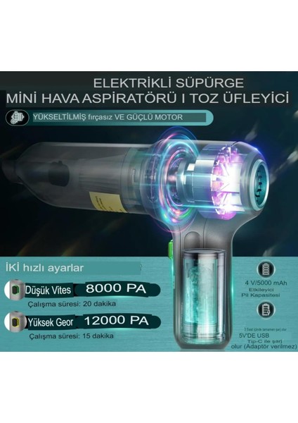Auhma 12000PA Şarjlı Profesyonel Vakumlu Emiş ve Üfleme Özellikli Mini araç süpürgesi fiyatları