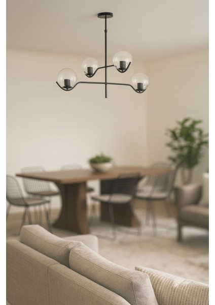 Ranya 4 Lü Şeffaf Camlı Salon Oturma Odası Modern Kollu Avize - (SİYAH)