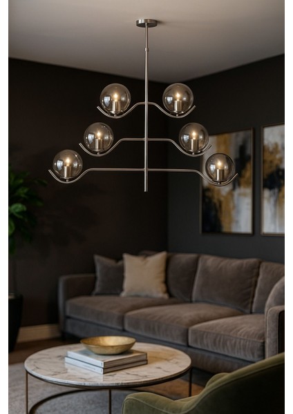 Ranya 6 Lı Füme Camlı Salon Oturma Odası Modern Kollu Avize - (KROM KAPLAMA)