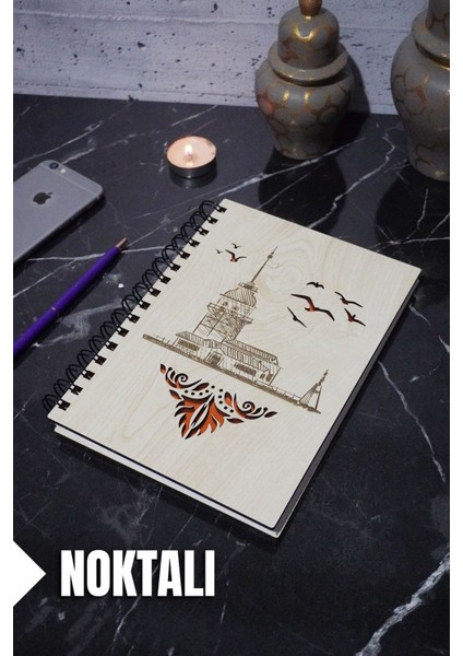 Kız Kulesi Temalı Ahşap Kapaklı Defter - Noktalı Defter - Ajanda - Okul Defteri (A5 - 120 Sayfa)