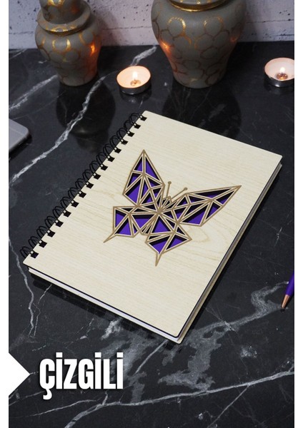 Kelebek Temalı Ahşap Kapaklı Defter - Çizgili Defter - Ajanda - Okul Defteri (A5 - 120 Sayfa)
