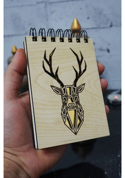 Geyik Figülü Ahşap Kapaklı Not Defteri - Mini Defter - Cep Defteri - Benim Listem