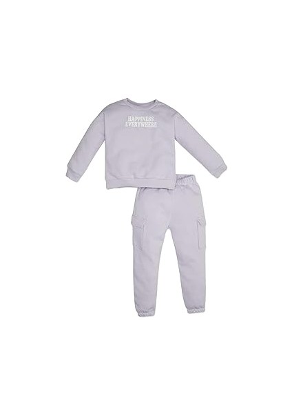 Kız Bebek 2'li Takım Slogan Baskılı Kalın Sweatshirt Üst Beli Lastikli Jogger Eşofman Altı