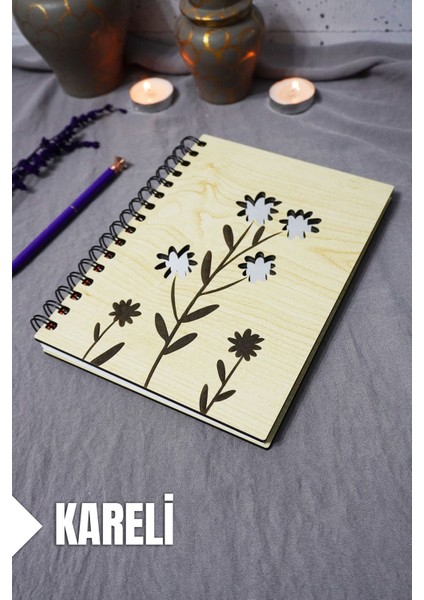 Çiçek Desenli Ahşap Kapaklı Defter - Kareli Defter - Ajanda - Okul Defteri (A5 - 120 Sayfa)