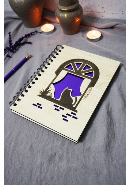 Kedi Desenli Ahşap Kapaklı Defter - Çizgisiz Defter - Günlük - Ajanda-Hediyelik-A5 Anı Defteri