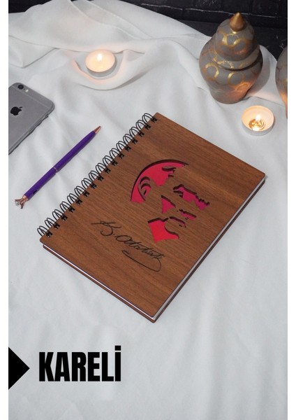 Atatürk Temalı Ahşap Kapaklı Defter - Kareli Defter - Ajanda - Okul Defteri (A5 - 120 Sayfa)