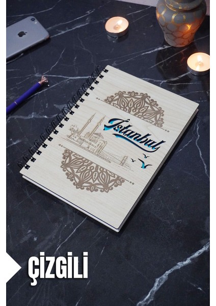 Istanbul Temalı Ahşap Kapaklı Defter - Çizgili Defter - Ajanda - Okul Defteri (A5 - 120 Sayfa)