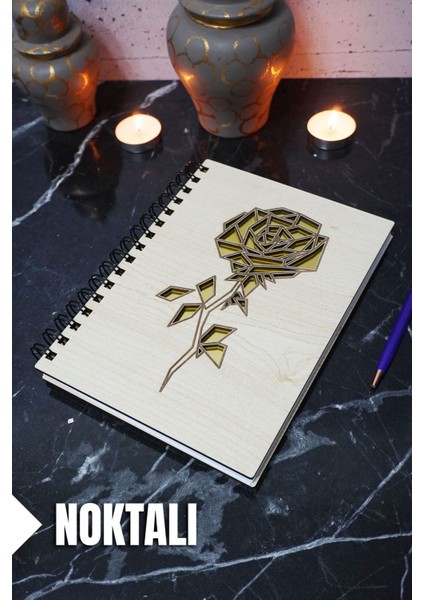 Gül Temalı Ahşap Kapaklı Defter - Noktalı Defter - Ajanda - Okul Defteri (A5 - 120 Sayfa)