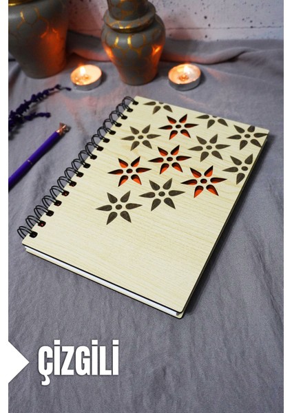 Çiçek Desenli Ahşap Kapaklı Defter - Çizgili Defter - Ajanda - Okul Defteri (A5 - 120 Sayfa)