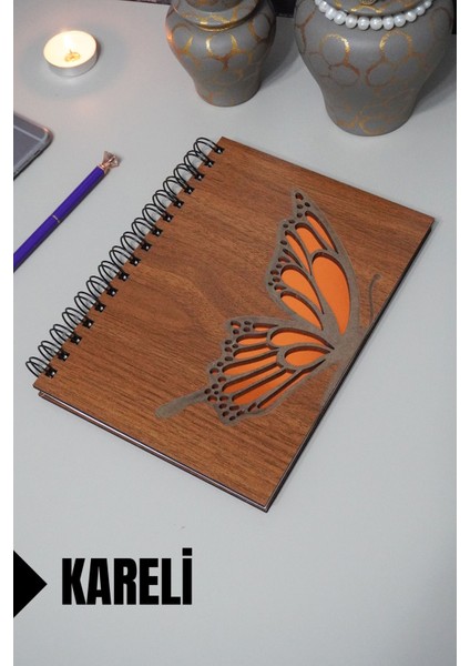 Kelebek Temalı Ahşap Kapaklı Defter - Kareli Defter - Ajanda - Okul Defteri (A5 - 120 Sayfa)