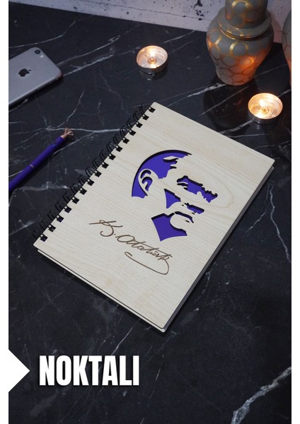 Kemal Atatürk Temalı Ahşap Kapaklı Defter - Noktalı Defter - Ajanda - Okul Defteri (A5 - 120 Sayfa)
