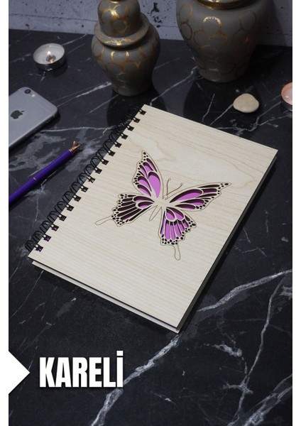 Kelebek Temalı Ahşap Kapaklı Defter - Kareli Defter - Ajanda - Okul Defteri (A5 - 120 Sayfa)