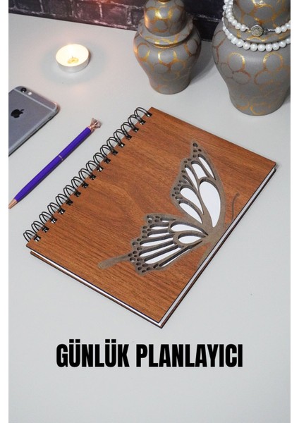 A5 Yarım Kelebek Tasarım Ahşap Kapak Günlük Planlayıcı Defter - Süresiz Ajanda (Tarihsiz Planlayıcı)