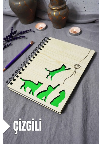 Kedi Desenli Ahşap Kapaklı Defter - Çizgili Defter - Ajanda - Okul Defteri (A5 - 120 Sayfa)