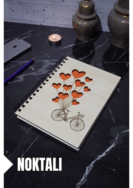 Bisiklet Balon Temalı Ahşap Kapaklı Defter - Noktalı Defter - Ajanda - Okul Defteri (A5 - 120 Sayfa)