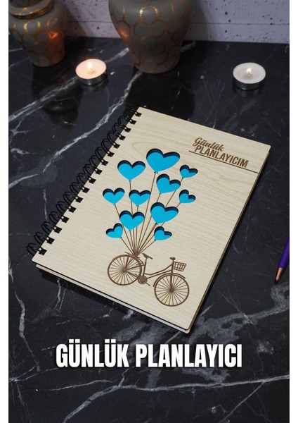 Bisiklet Kalp Balon Ahşap Plan Defteri - Tarihsiz Ajanda - Günlük Planlayıcı (Planlama Defteri) A5