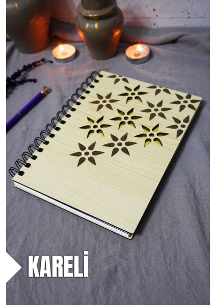 Çiçek Desenli Ahşap Kapaklı Defter - Kareli Defter - Ajanda - Okul Defteri (A5 - 120 Sayfa)