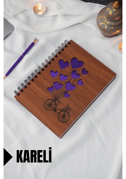 Bisiklet Balon Temalı Ahşap Kapaklı Defter - Kareli Defter - Ajanda - Okul Defteri (A5 - 120 Sayfa)