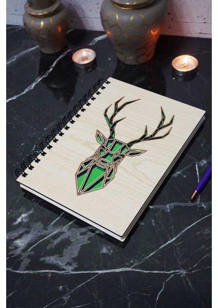 Geyik Figürlü Ahşap Kapaklı Defter - Çizgisiz Defter - Günlük - Ajanda- A5 Anı Defteri