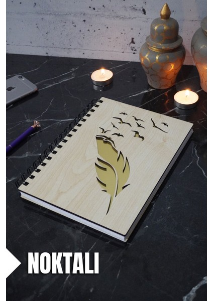 Kuş Tüy Temalı Ahşap Kapaklı Defter - Noktalı Defter - Ajanda - Okul Defteri (A5 - 120 Sayfa)