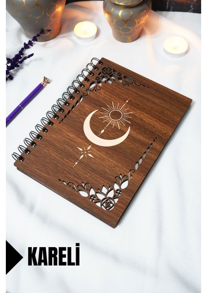 Ay Güneş Ahşap Kapaklı Defter - Kareli Defter - 60 Yaprak (120 Sayfa) - A5 15X21 cm