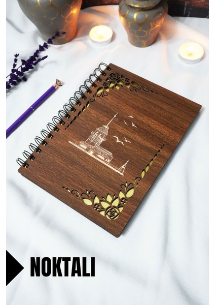 Kız Kulesi Ahşap Kapaklı Spiralli Defteri - Noktalı Defter - 60 Yaprak (120 Sayfa) - A5 15X21 cm