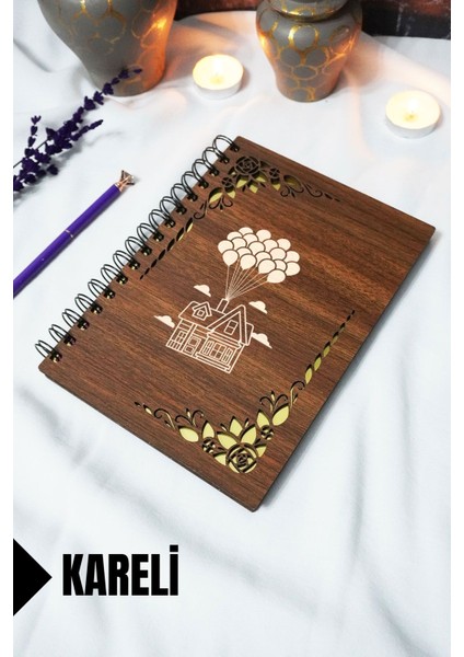 Uçan Ev Ahşap Kapaklı Spiralli Okul Defteri - Kareli Defter - 60 Yaprak (120 Sayfa) - A5 15X21 cm