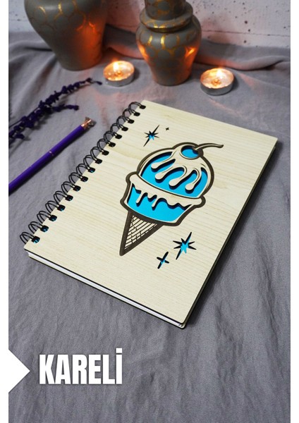 Dondurma Desenli Ahşap Kapaklı Defter - Kareli Defter - Ajanda - Okul Defteri (A5 - 120 Sayfa)