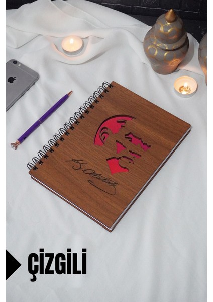 Kemal Atatürk Temalı Ahşap Kapaklı Defter - Çizgili Defter - Ajanda - Okul Defteri (A5 - 120 Sayfa)