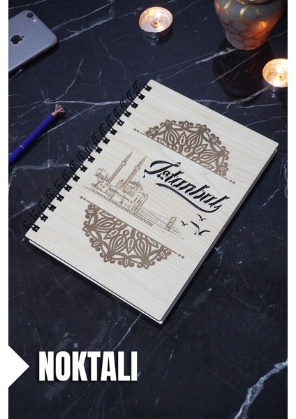 Istanbul Temalı Ahşap Kapaklı Defter - Noktalı Defter - Ajanda - Okul Defteri (A5 - 120 Sayfa)