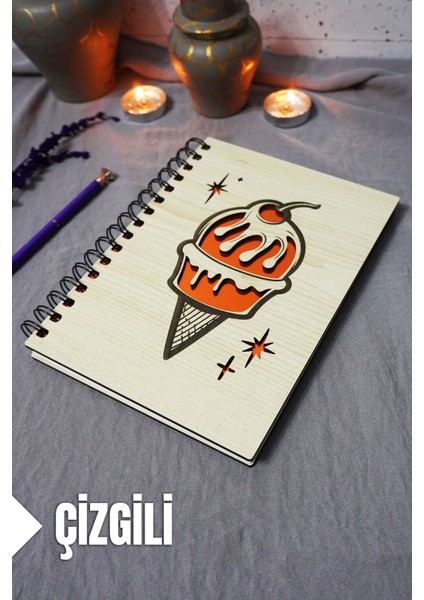 Dondurma Desenli Ahşap Kapaklı Defter - Çizgili Defter - Ajanda - Okul Defteri (A5 - 120 Sayfa)