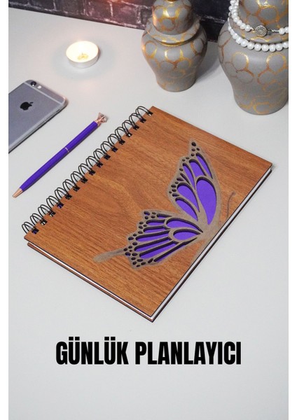 A5 Yarım Kelebek Tasarım Ahşap Kapak Günlük Planlayıcı Defter - Süresiz Ajanda (Tarihsiz Planlayıcı)