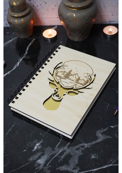 Geyik Figürlü Ahşap Kapaklı Defter - Çizgisiz Defter -Günlük - A5 Anı Defteri