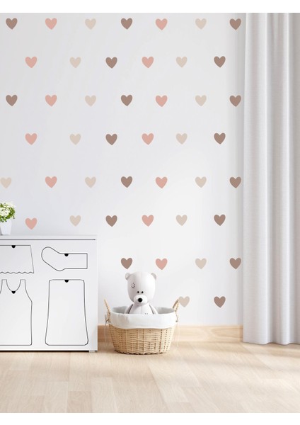 , Pastel Kahve Renklerde, Çocuk Odası, Kalp Desenli, Duvar Sticker, 5cm 105 Ad. 3,5cm 72 Adet
