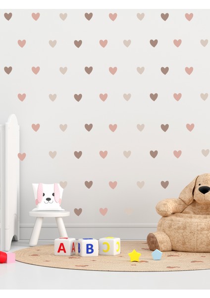 , Pastel Kahve Renklerde, Çocuk Odası, Kalp Desenli, Duvar Sticker, 5cm 105 Ad. 3,5cm 72 Adet modelleri